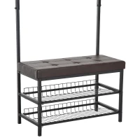 HOMCOM Appendiabiti da Terra con Panca Scarpiera, 5 Ganci e 2 Ripiani, Ferro ed Ecopelle, 72.5x35x180cm, Nero e Marrone(m-7)