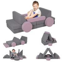 AIYAPLAY Modulares Kindersofa, 12 Softbausteine mit 6 Formen, waschbare Bezüge, Grau/Rosa(m-10)