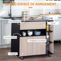 HOMCOM Chariot de service desserte de cuisine à roulettes multi-rangements placard double portes + 3 étagères + niche + tiroir panneaux particules noir chêne(m-4)