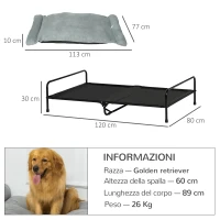PawHut Brandina per Cani Rialzata con Cuscino Rimovibile, Cani fino a 30kg, 120x80x30cm(m-3)