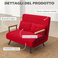 HOMCOM Divano Letto in Tessuto Effetto Velluto con Schienale Regolabile e 2 Cuscini, 102x73x81 cm, Rosso(m-6)