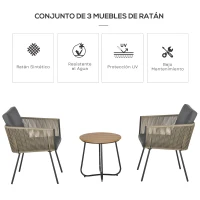 Outsunny Conjunto de Muebles de Jardín Juego de 3 Piezas Muebles de Ratán 1 Mesa Redonda y 2 Sillas Butaca con Cojines Acolchados para Balcón Terraza Acero Caqui y Gris(m-4)