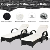 Outsunny Conjunto de 2 Tumbonas con Cojín y Respaldo Ajustable 5 Posiciones y 1 Mesita de Ratán Sintético Color Negro(m-4)