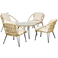 Outsunny 5-teilige Gartensitzgruppe, Boho-Stil, 1 Esstisch & 4 Stühle, Auflagen, Polyrattan, Beige/Natur(m-1)