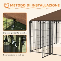 PawHut Recinto per Cani in Metallo e Tessuto Oxford con Porticina per Ciotole, 211x211x151 cm, Nero e Marrone(m-7)
