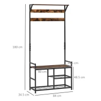 HOMCOM Coat Rack Stand Shoe Storage Bench with 9 Hooks Shelves for Bedroom Living Room Entryway Brown and Black 180cm(m-3)
