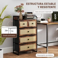 HOMCOM Cómoda para Dormitorio con 5 Cajones con Frentes de Ratán y Marco de Acero 58x29x99 cm Marrón Rústico(m-6)