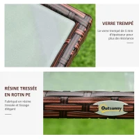 Outsunny Table basse de jardin plateau verre trempé 5 mm résine tressée imitation rotin marron(m-5)