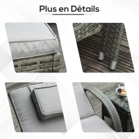 Outsunny Lot de 2 transats bains de soleil grand confort : matelas, têtière, inclinaison réglable multipositions, accoudoirs, roulettes + table basse verre trempé résine tressée grise(m-6)