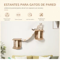 PawHut Estantes de Pared Gatos Escaleras de Tela para Gatos con Plataformas y Postes Rascadores de Sisal Centro de Actividades de Escalada 129x40x31,5 cm Marrón Claro(m-5)