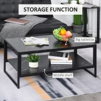 HOMCOM Coffee Table, Two-Tier Faux Marble Effect Centre Table with Metal Frame and Storage Shelf for Living Room, 106 x 50 x 45cm, Black(m-4)