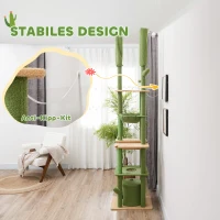 PawHut Kaktus-Kratzbaum, 4 Etagen, deckenhoch 225-255 cm, 2 Hängematten, Höhle, Grün(m-7)