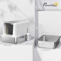 PawHut Katzentoilette, Wanne aus Edelstahl, Filter, Schaufel, für Katzen bis 6 kg, 40,5 x 60,5 x 41,5 cm, Weiß/Silber(m-3)