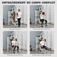 HOMCOM Station de musculation entrainement complet développé couché butterfly barre latissimus curler bande résistance 10 contrepoids 45 kg avec filet de protection acier blanc et marron(m-4)