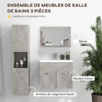 kleankin Ensemble de meubles de salle de bain 3 pièces miroir étagère + meuble vasque + meuble colonne suspendus, gris(m-4)