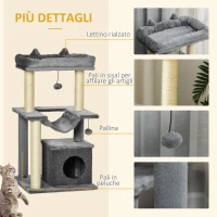 PawHut Albero Tiragraffi con Corde Sisal, Casetta e Amaca, Rivestimento Peluche e Feltro, Altezza 100cm, Grigio(m-7)