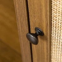 HOMCOM Scrivania in Legno con Ripiano e Armadietto con Anta in Rattan Stile Boho, 110x48x76cm, Noce(m-7)