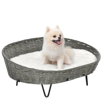 PawHut Cama para Perros Gatos de Mimbre Cesta Ratán para Mascotas Medianas Pequeñas con Cojín Lavable y Patas Elevadas de Acero 76x59x32 cm Gris y Blanco(m-1)