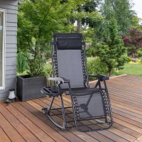 Outsunny Foldable Garden Rocking Chair, Outdoor Recliner Sun Lounger with Breath Mesh Fabric, Zero-Gravity Seat with Headrest, Cup Holder Tray, Black(m-2)