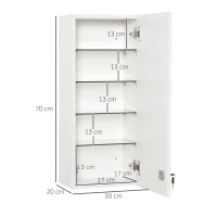 kleankin Armoire à pharmacie murale avec serrure, 5 étagères et tablettes réglables, bois et verre, blanc, 30x20x70cm(m-3)