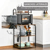 HOMCOM Estantería de Cocina de 4 Niveles con Ganchos Estantería para Microondas 60x40x125 cm Marrón Rústico y Negro(m-5)