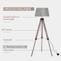 HOMCOM Stehlampe im Skandidesign,  Stehleuchte, Dreibeingestell, höhenverstellbar(m-5)