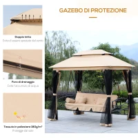 Outsunny Dondolo da Giardino 3 Posti Lettino e Gazebo Design 3 in 1 con Tettuccio, 256x172x248cm, Beige(m-6)
