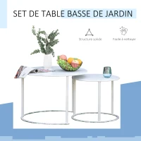 Outsunny Lot de 2 Tables Basses Rondes gigognes empilables de Jardin métal époxy Blanc(m-6)