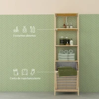 HOMCOM Estantería de Almacenaje Mueble de Baño con 3 Estantes y 1 Cesto para Ropa Sucia Desmontable 44x33x160 cm Natural(m-4)