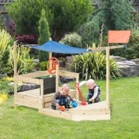 Outsunny Arenero Infantil de Madera Cajón de Arena de Jardín Diseño de Galeón con Vela Toldo Pizarra Bandera Roja y Timón para Niños de +3 Años 180x91,5x144 cm Natural(m-2)
