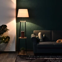 HOMCOM Leuchtständer mit 3 Regalen, Stehlampe, Kiefernholz, Leinen, Metall, Natur, Schwarz, Beige, 40 x 40 x 160 cm(m-2)