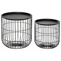 HOMCOM Set 2 Tavolini da Salotto Impilabili Rotondi in Acciaio con Vano Contenitore, Nero(m-10)