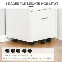 Vinsetto Büroschrank Rollcontainer, 2 Schubladen, eine Schublade abschließbar, 5 Rollen, Weiß, 39 x 40 x 65 cm(m-5)