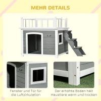 PawHut Hundehütte, Dachterrasse, Treppe, Fenster, Bodenabstand, Naturholz, hellgrau, 121 x 77 x 78cm(m-7)