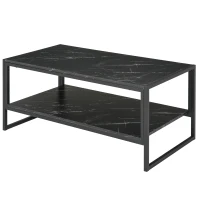HOMCOM Coffee Table, Two-Tier Faux Marble Effect Centre Table with Metal Frame and Storage Shelf for Living Room, 106 x 50 x 45cm, Black(m-11)