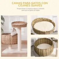PawHut Árbol para Gatos Mediano con Cama Superior Cesta de Mimbre con Cojines Postes Rascadores de Sisal Natural y Bola Colgante de Juguete 54x40x70 cm Beige(m-5)