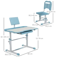 ZONEKIZ Pupitre Infantil Ajustable con 1 Cajón 1 Estante para Libros y Ángulo de Mesa Ajustable 80x49,5x82-104 cm Azul y Blanco(m-3)