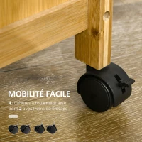 HOMCOM Desserte cuisine sur roulettes chariot de service meuble de rangement avec un tiroir, un panier coulissant, un porte-torchon et armoire en bambou(m-5)