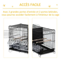 PawHut Cage à oiseaux dim. 59,5L x 26,5I x 39,5H cm mangeoires perchoirs 4 portes plateau excrément amovible + poignée transport métal PP noir(m-5)