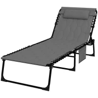 Outsunny Foldable Sun Lounger with 5-level Reclining Back, Outdoor Tanning Chair Sun Lounger with Build-in Padded Seat, Side Pocket, Headrest for Beach, Yard, Patio, Grey(m-11)