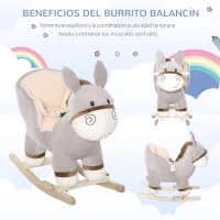 HOMCOM Caballito Balancín Infantil en Forma de Burro de Felpa para Bebés 18-36 Meses con Sonido y Cinturón 61x34x58 cm Gris(m-7)