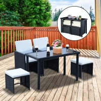 Outsunny 2 Seater Rattan Cube Garden Furniture Set, Rattan Dining Set with Cushions, Outdoor Dining Table and Chairs with 2 Armchairs, 2 Stools, Rectangular Glass Top Table for Patio, Balcony, Black(m-2)