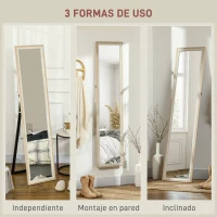 HOMCOM Espejo de Cuerpo Entero 157x37 cm Espejo de Pie o de Pared con Marco de MDF y Soporte Blanco y Natural(m-6)