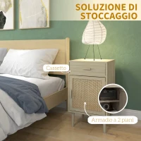 HOMCOM Set 2 Comodini per Camera da Letto con Cassetto e Anta in Rattan Stile Boho, Colore Legno(m-5)