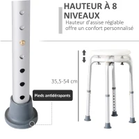 HOMCOM Tabouret de Douche réglable en Hauteur siège de Douche Ergonomique Pieds antidérapants Charge Max. 136 Kg alu HDPE Blanc(m-4)