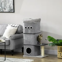 PawHut Barril Rascador para Gatos con Caseta de Fieltro Extraíble Poste de Sisal Cama y Bola de Juego 60x40x102 cm Gris(m-2)