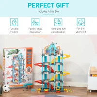 HOMCOM 5-Level Car Parking Garage Toy Race Tracks Car Ramp Set Toddler Car Games w/ Cars & Helicopter Elevator Gas Station Car Repair Station for 3-6 Years Old(m-4)