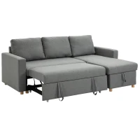 HOMCOM Canapé d'angle convertible canapé lit canapé 3 places modulable avec méridienne réversible, coffre de rangement intégré et 3 coussins de dossier, tissu aspect lin, gris(m-10)