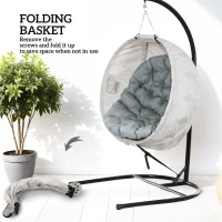Outsunny Hanging Egg Chair Outdoor Indoor Garden Swing Chair with Folding Basket, Garden Hanging Chair with Stand, Thickened Cushion, Cup Holder for Patio, Balcony, Grey(m-6)