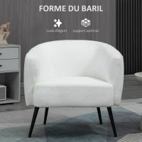 HOMCOM Fauteuil design en tissu effet laine bouclée avec accoudoirs pieds métal noir pour chambre salon 72 x 73 x 73 cm blanc(m-5)